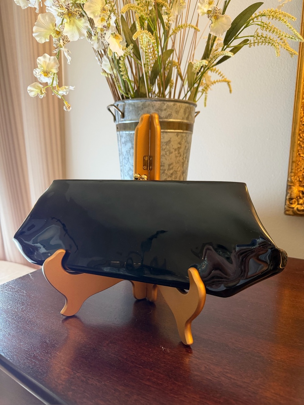 Vintage Black Patient Non Leather Clutch Purse  With Kiss Lock Goldtone Closure